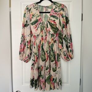 H&M Floral Pleated Jersey Deep Plunge Neckline Dress